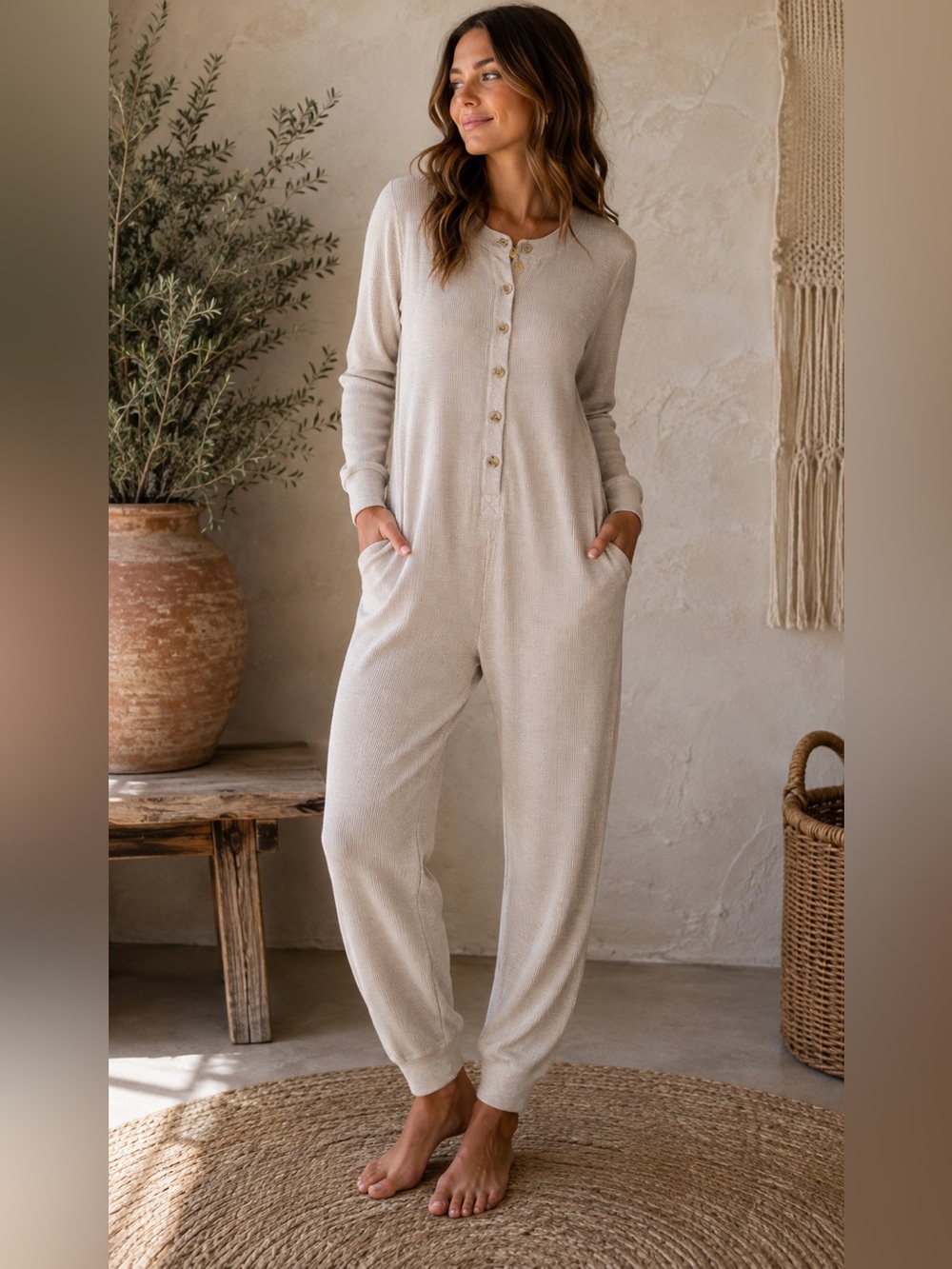 Everlane Waffle Knit 100% Cotton Henley Jumpsuit Size M